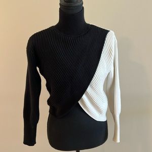 Express Ribbed Mock Neck Color Block Wrap Front Crop Sweater Black/Ivory-Size S